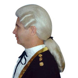 George washington white wig with pony tail and side curls.