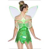 Green Fairy Dress Set with Wings Ladies Costume. Short green sequin dress with diagonal hemline, clear straps and wings.