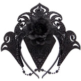 Underworld realm crown, black headband featuring black crown embellished with beads and black rose.
