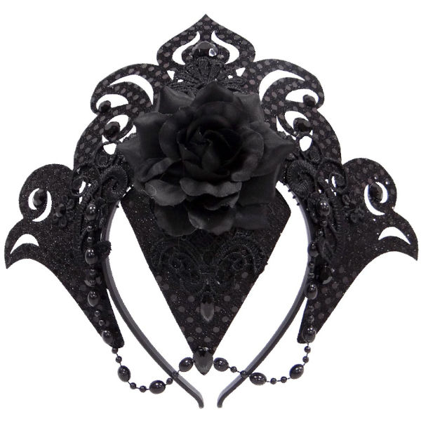 Underworld realm crown, black headband featuring black crown embellished with beads and black rose.