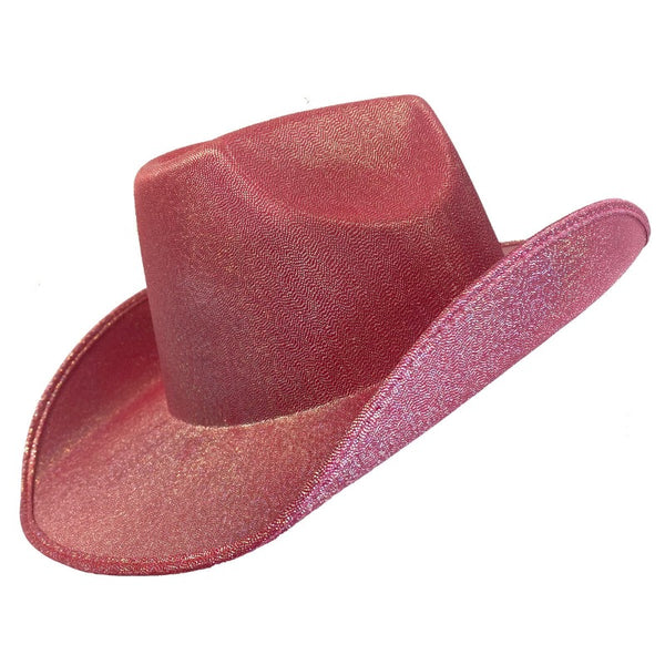 Shimmer pink cowboy/cowgirl hat has an iridescent finish, there is no chin strap.