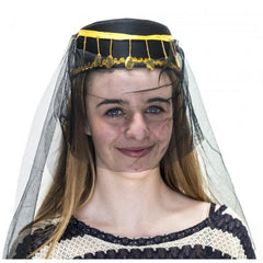 harem hat in black with gold sequin trim  and veil which covers the face.