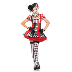 Harlequin clown hire includes drop waisted dress in red and black, stripe and check pattern, neck collar and mini hat.