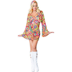 Hippie Chick hire, colourful dress white bell sleeves and matching headband, plus white  go go boots.