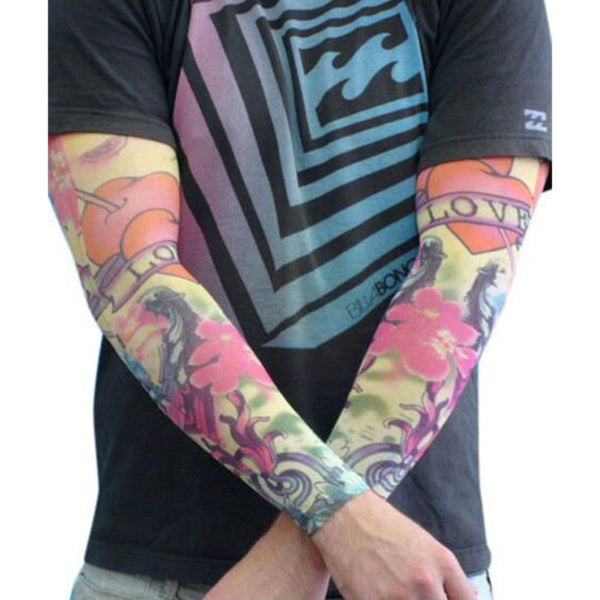 tattoo sleeve in love design, colourful with flowers, pair of sleeves.