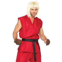 Ken street fighter hire includes, red karati top, pants, belt, gloves and wig.