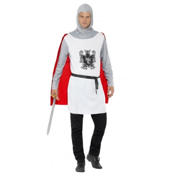 Medieval Knight adult costume features white tunic with crest and printed chain mail sleeves and attached hood and red cape that attaches at the back.