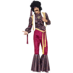 1970's psychedelic rocker costume with velvet flares and contrasting flare, matching top with self frill and attached fur vest.