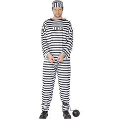 Black and white convict costume, stripe top, with id number, long pants and hat.