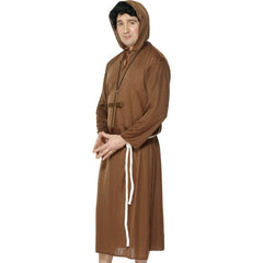 Medieval monk costume for adults, below the knee brown robe with hood and belt.