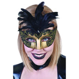 Gabrielle black and gold eye mask, Glamour with interate glitter detail and topped off with black feathers.