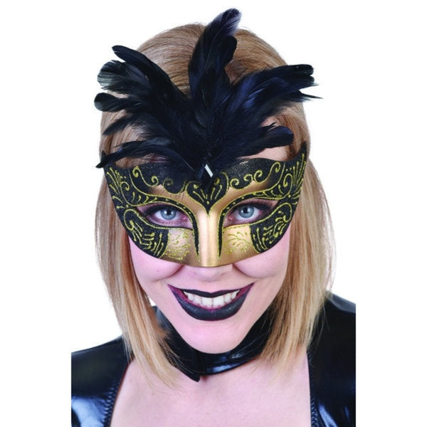 Gabrielle black and gold eye mask, Glamour with interate glitter detail and topped off with black feathers.