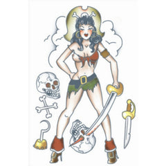 Tinsley Temp Tattoo - Pirate Pin Up Girl with skull, cross bones, hook and swords.