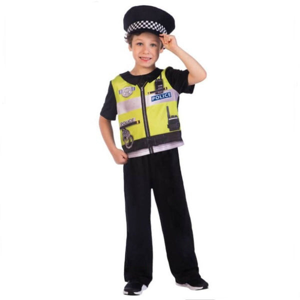 police officer childs costume, yellow vest, pants and hat.