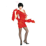 roarin red flapper costume with fringing back and front and gold braid at neckline.
