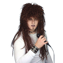 dark brown Rock God wig with long shaggy mullet in crimped fibers.