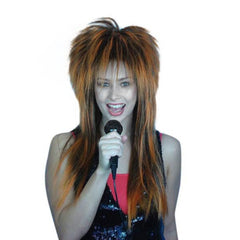 Spiky vamp wig in mullet style in orange with black roots, quality.