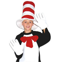 Child wearing a costume resembling a cat with a hat accessory kit, including a white glove and a bow tie.