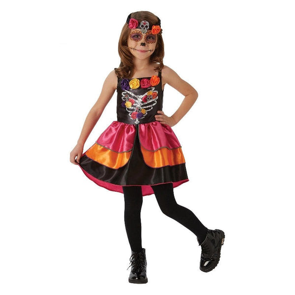 sugar skull day of the dead girls halloween costume, dress with layered skirt, skull print on bodice with 3d roses.