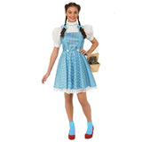 Dorothy Deluxe Costume, Teen/Adult, blue check dress with straps over the shoulders to waist, white puffy sleeves, high neckline, blue hair ribbons.