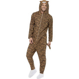 Tiger costume jumpsuit with zip at front, attached hood with tiger face and attached tail.
