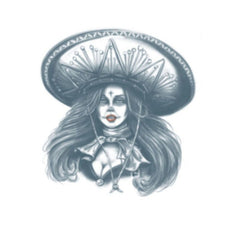 Tinsley FX Temp Tattoo - Bandita, mexican lady wearing a sombrero, head and chest pic.