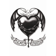 Tinsley FX Temp Tattoo - Dead Inside, heart wraped in barbed wire, evil wings and "Dead Inside" printed below.