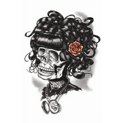 Tinsley FX Temp Tattoo - Doris The Dead, gothic female skull with hair and pendant.