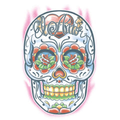 Tinsley FX Temp Tattoo - El Amor, mexican skull with "El Amor" printed on forehead.