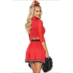 Varsity Babe Cheerleader Ladies Costume. Short skirt with box pleats at the waist, black and white trim at the hemline. Midrift top three quarter length sleeves and word "cheer" on the front.