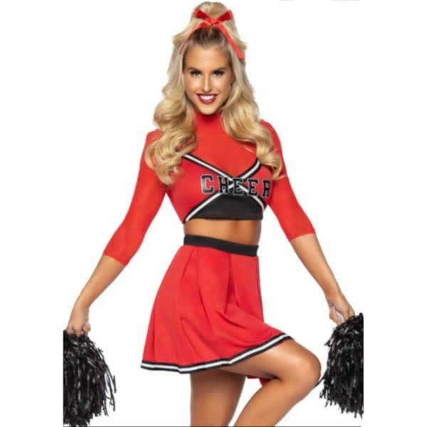 Varsity Babe Cheerleader Ladies Costume. Short skirt with box pleats at the waist, black and white trim at the hemline. Midrift top three quarter length sleeves and word "cheer" on the front.