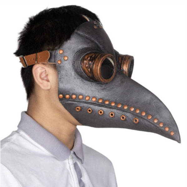 The black plague mask in latex with copper goggles attached and copper details.