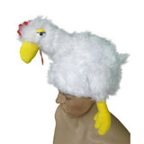 chicken hat, white furry hat with head attached and yellow feet hanging down.