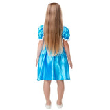 Back view of alice in wonderland child costume with puffy sleeves