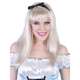 Alice long blonde wig with fringe and black ribbon.
