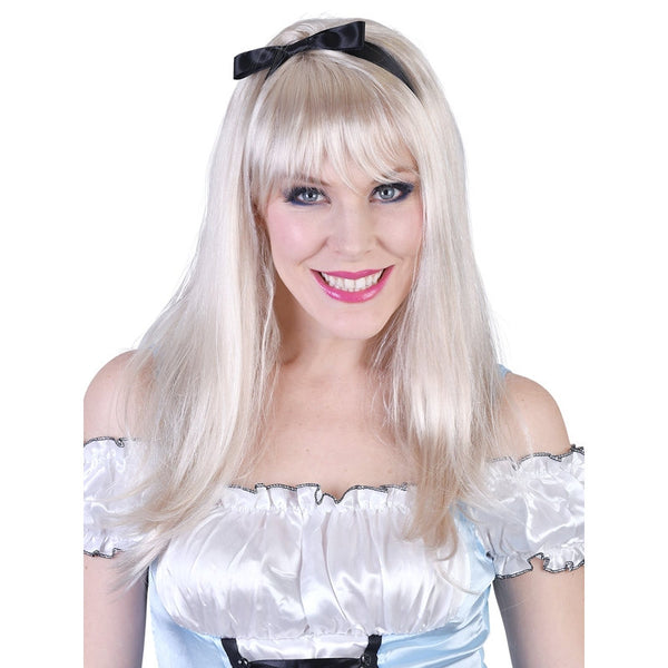 Alice long blonde wig with fringe and black ribbon.