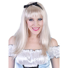 Alice long blonde wig with fringe and black ribbon.