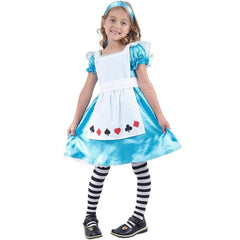 Alice girls costume from sweidas, blue dress with white apron with card print at hemline and matching headband.
