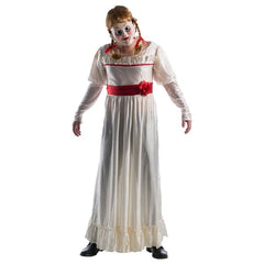 Annabelle deluxe costume with white dress red sash character mask and pigtail wig