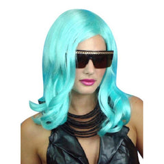 Aqua turquoise shoulder-length wig with soft waves and side part