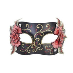 Aria Black & Red Masquerade Mask, black base with embroidered flowers and leaves on the sides with glitter swirls, ties at the back, female.