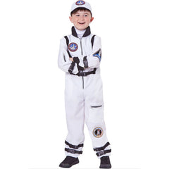 Child wearing a white astronaut costume with matching cap for Book Week, career day, Science Week and space-themed dress-up