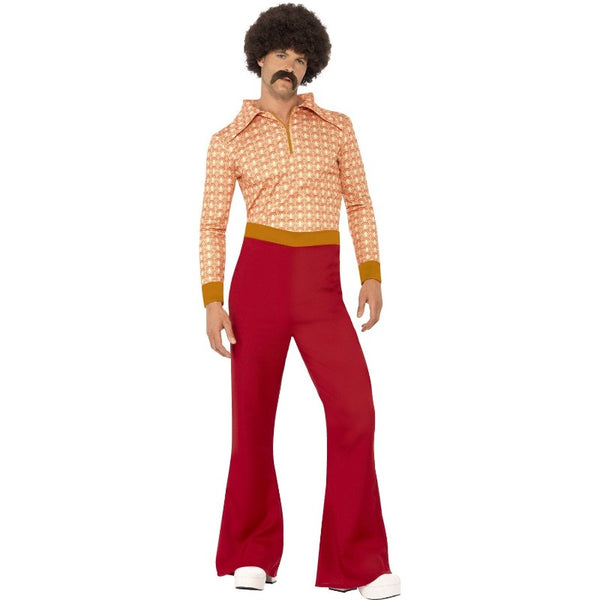 authentic 70s guy costume, orange printed top with wide collar and a body hugging fit, high waisted flared pants.