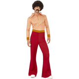 Men’s Authentic 70s costume with red flared trousers and mustard patterned retro shirt