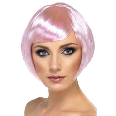 Pink short babe wig, short bob in pale pink.