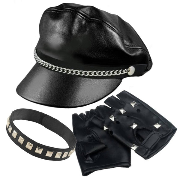 Bad Biker Accessory Kit with hat, studded gloves and choker. Perfect for punk and rock costumes.