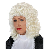 White curly barrister judge wig with shoulder-length curls, deluxe quality historical costume accessory.