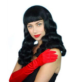 Bettie Page black burlesque wig with long waves and short fringe, inspired by 1950s pin-up vintage style.