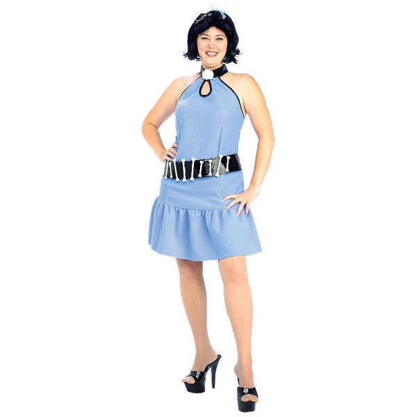 Flintstones betty rubble adult costume, blue dress, belt with bones, wig and blue bow.