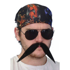 Black biker-style realistic moustache with adhesive for costume use.
